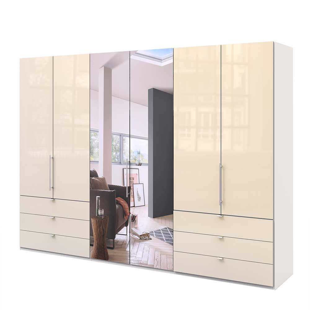 Spiegel Schlafzimmerschrank mit Falttüren & Schubladen in Creme Weiß Zidarie