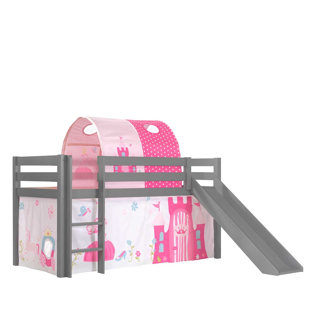 Spielbett für Prinzessin Zimmer mit Rutsche in Grau mit Tunnel & Vorhang Pink Abelcaso