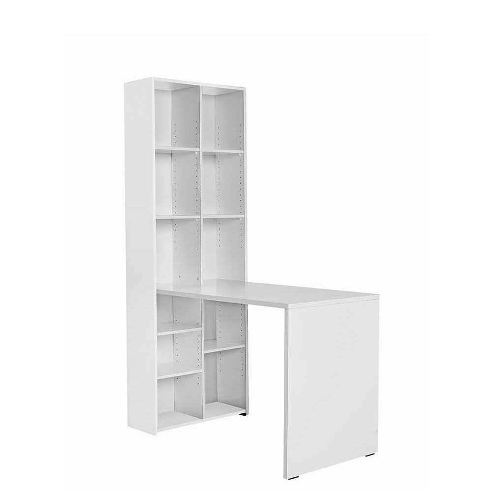 Standregal mit Schreibtisch in Weiß hochglänzend - 121x182x63 - 11 Fächer Nuberto