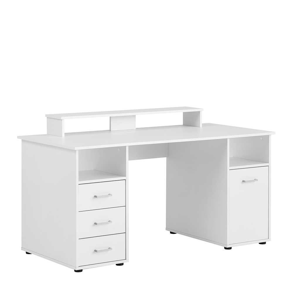 Stauraum Schreibtisch mit Bildschirmaufsatz in Weiß mit Metallgriffen Fegura