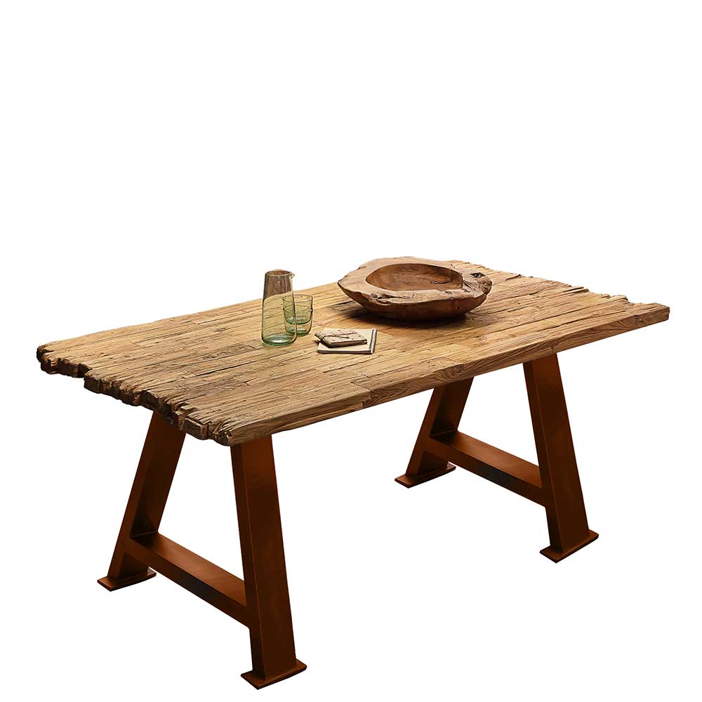 Teak Altholz Tisch - kurze Seite unregelmäßig mit Metallfüßen in Braun Laxie
