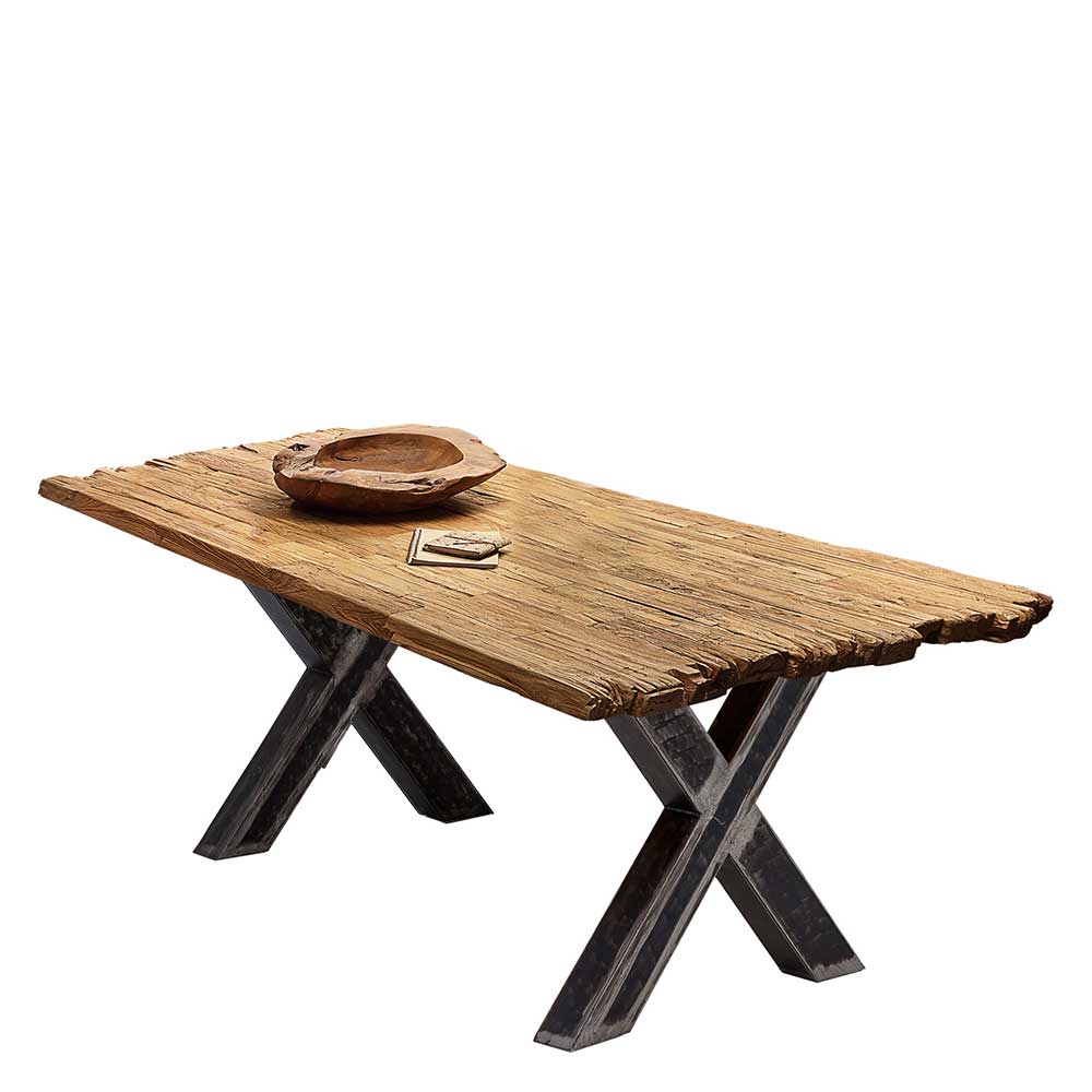 Teak Recyclingholz Tisch mit X Füßen aus Eisen in Schwarz Omegon
