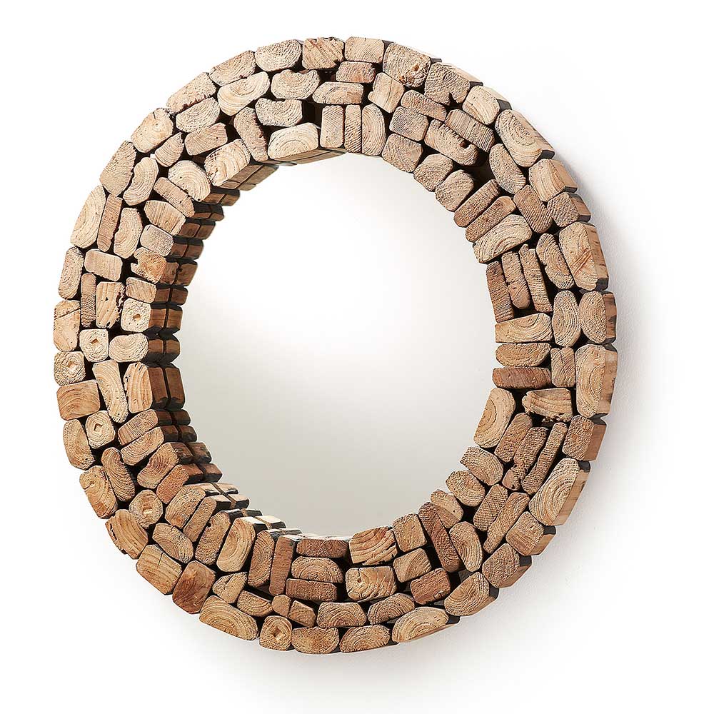 Teak Spiegel Mosaik Holz Rahmen in runder Form 80cm Polcadaz