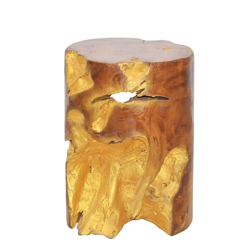 Teak Wurzelholz Beistelltisch in Natur & Gold - säulenförmig 30x40x30 Skylive