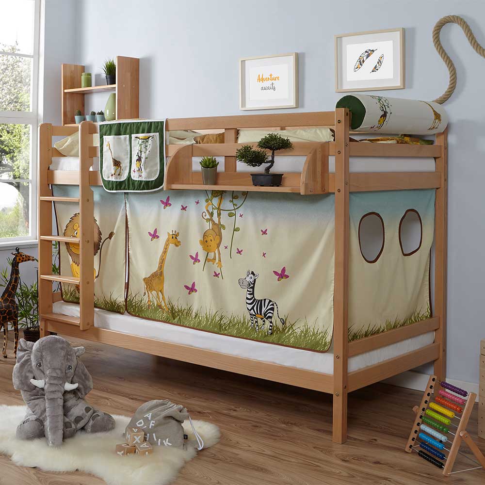 Tier Kinderzimmer Etagenbett aus Buche Massivholz mit Stoff Set Chali