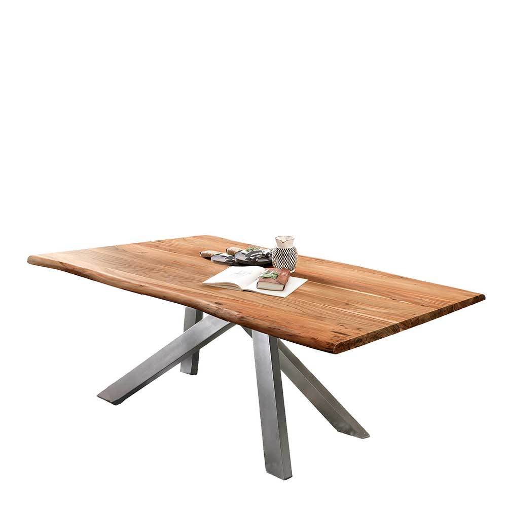 Tisch mit Akazien Holzplatte Naturkante & Metallgestell in Altsilber Fancya