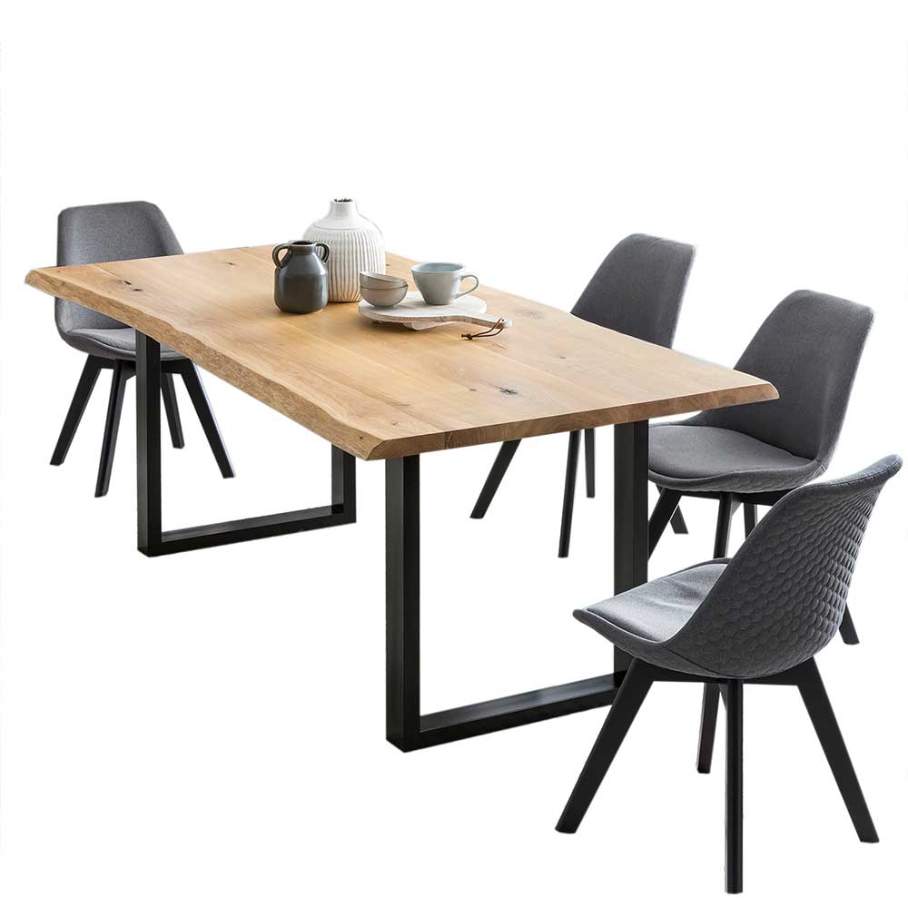 Tisch mit Baumkante & Polsterstühlen in Grau & Schwarz Donlazi