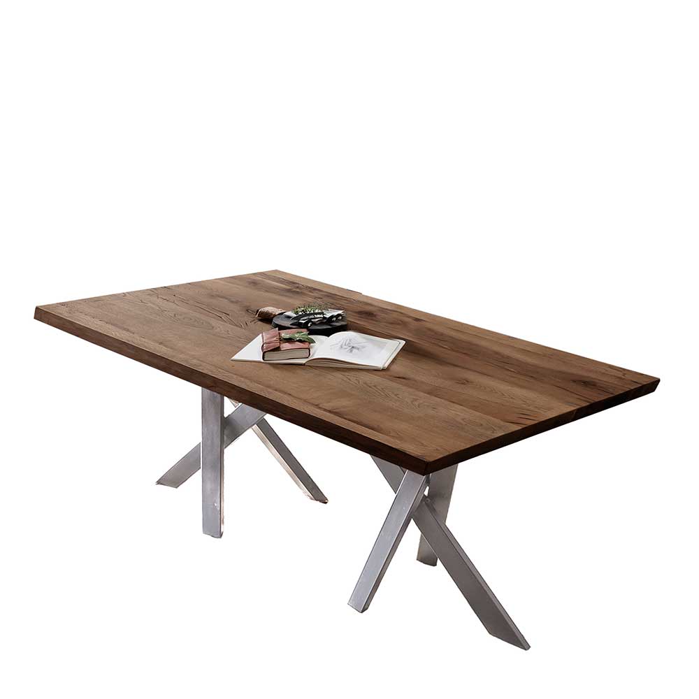 Tisch mit Eichenplatte mit Räucheröl behandelt & Sechsfußgestell Altsilber Dresna