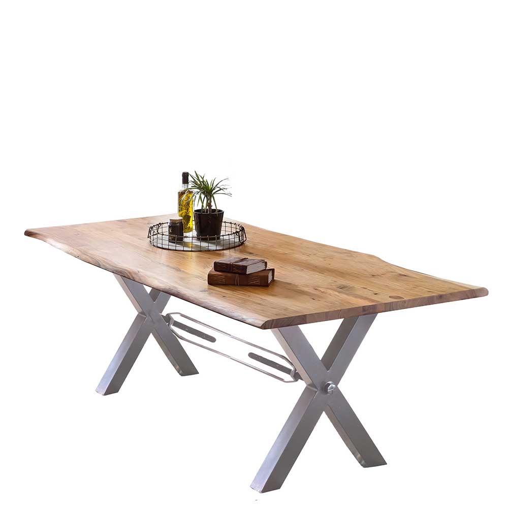 Tisch mit Holzplatte mit natürlicher Kante und X Füßen aus Metall in Silber Andy