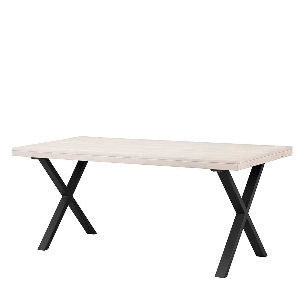 Tisch mit Whitewash Eichenplatte & X-Füßen aus Metall in Schwarz Durense