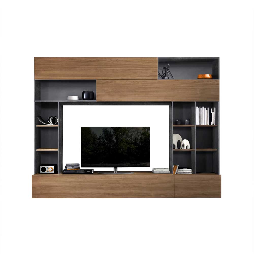 Tolle TV Wand in Nussbaum & Grau - 277x209x40 cm Niels