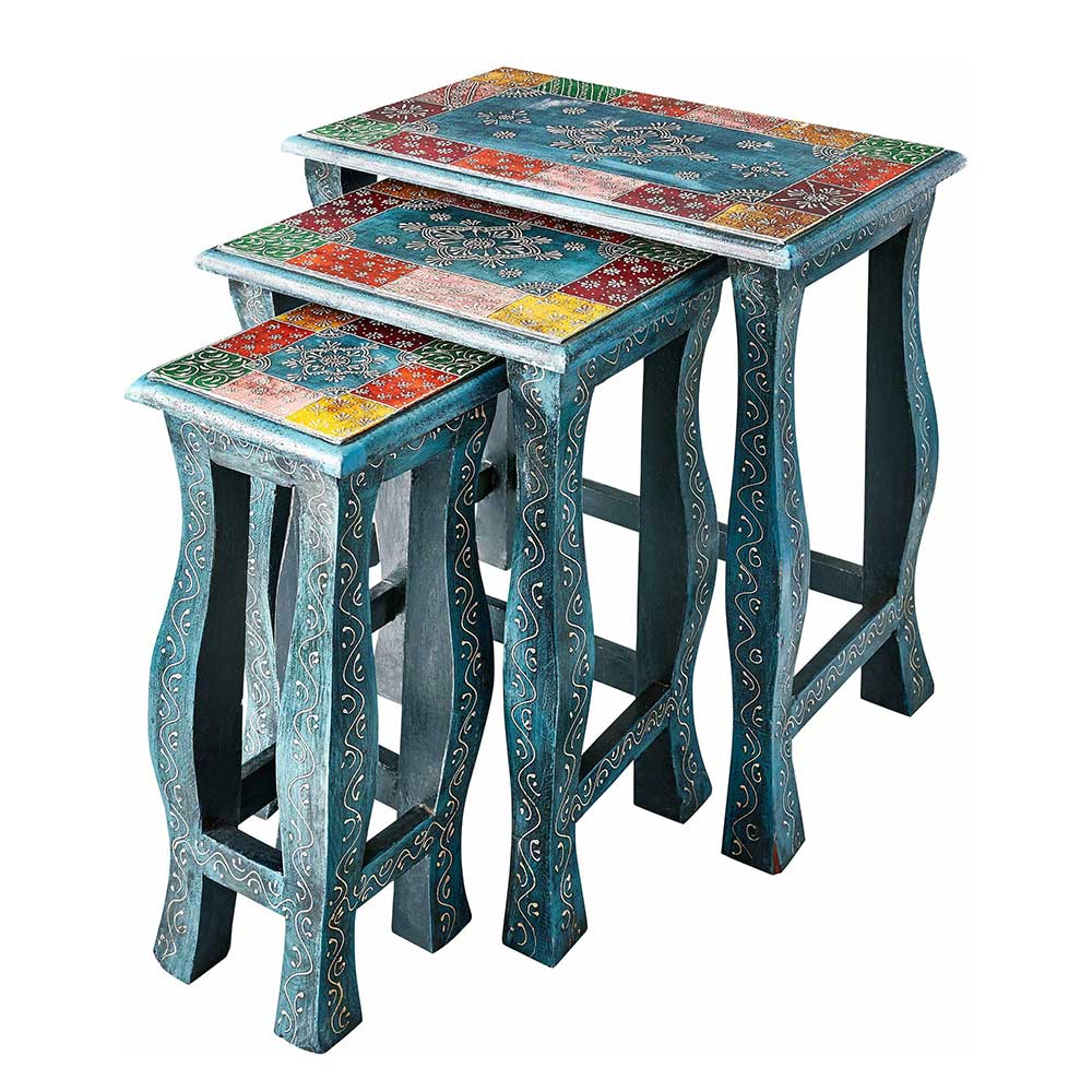 Toller Dreisatztisch in Blau & Bunt - handgearbeitet aus Holz Faneno
