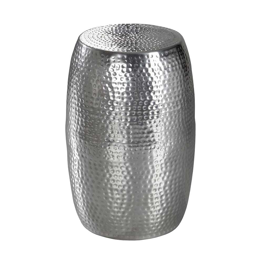 Tonnen Design Beistelltisch aus Aluminium in Silber Hammerschlag Optik Bahare