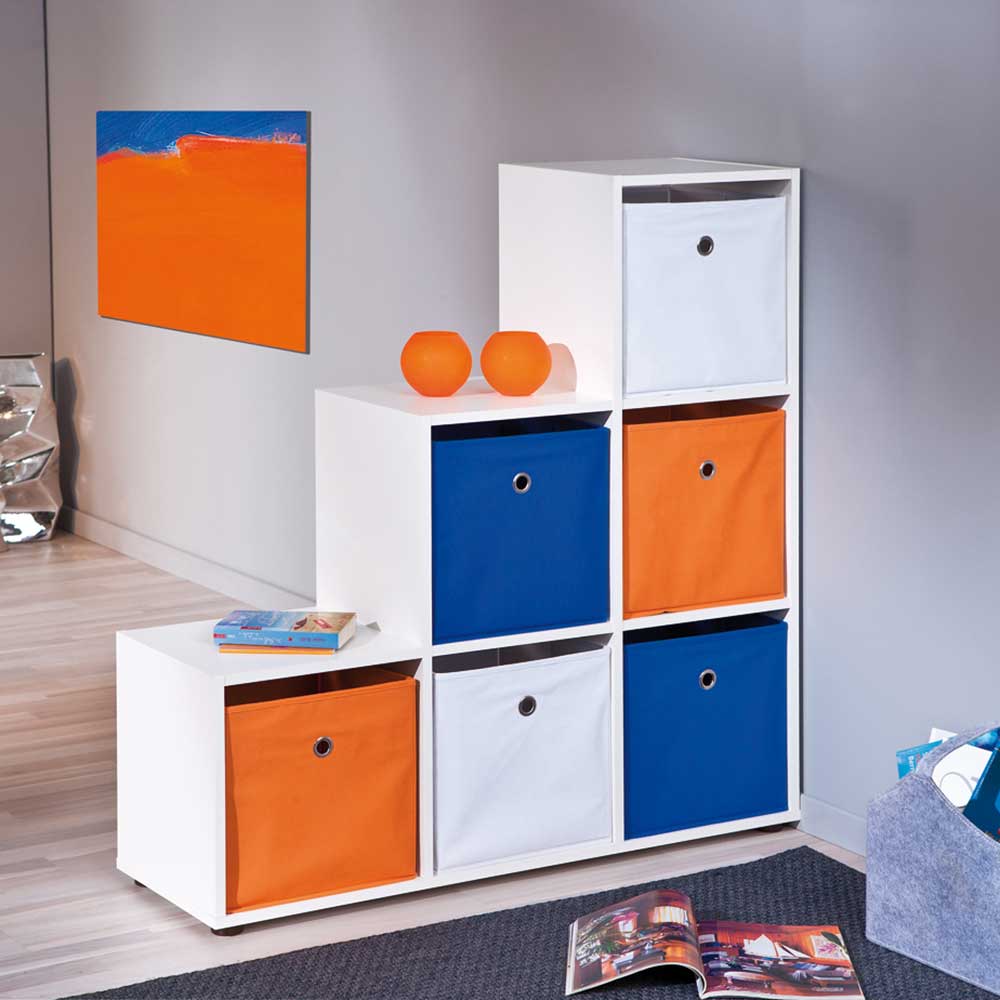 Treppenregal Raumteiler mit 6 Textil Boxen in Weiß Orange Blau Charlena