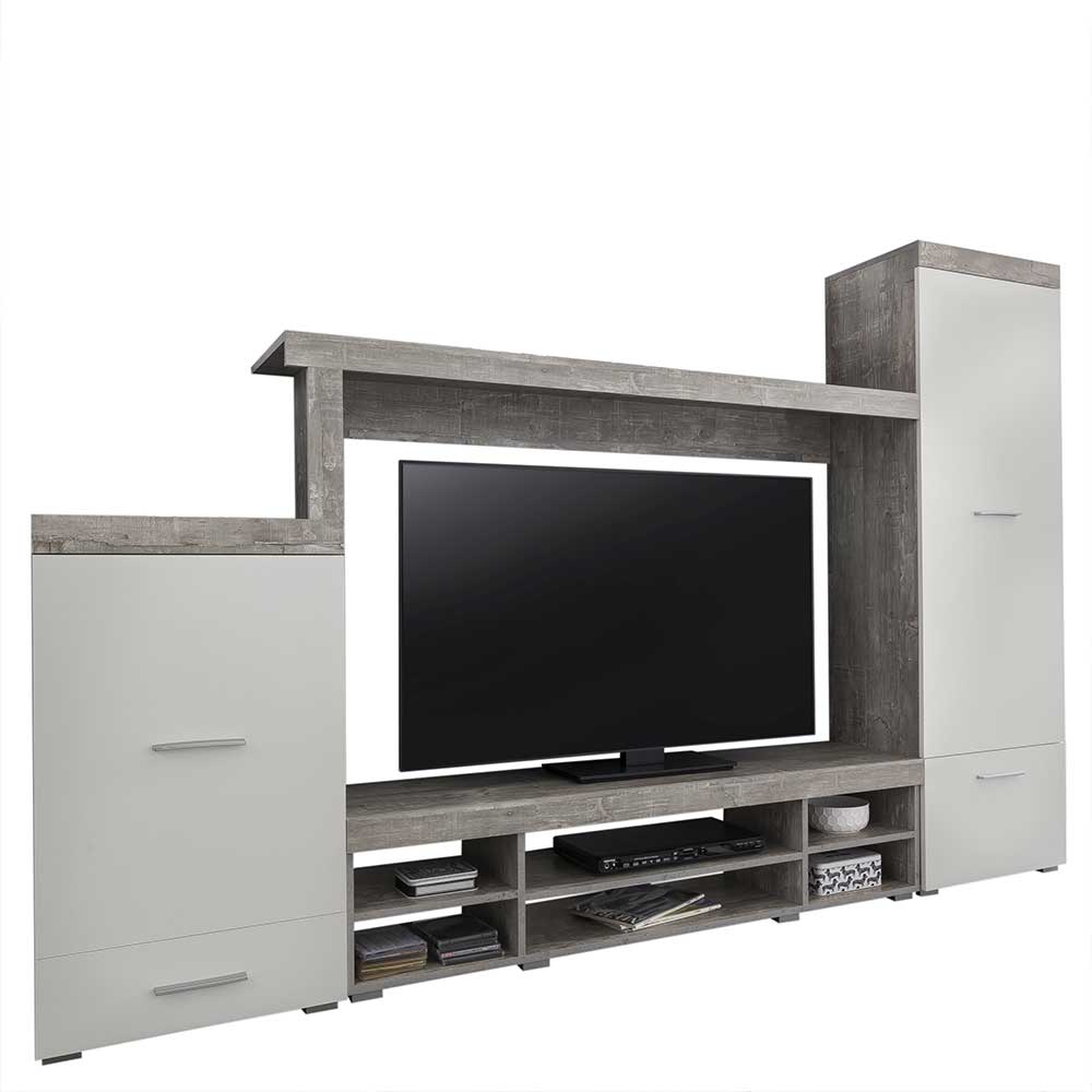 TV Anbauwand Möbel in Betonoptik und Weiß Pivedas