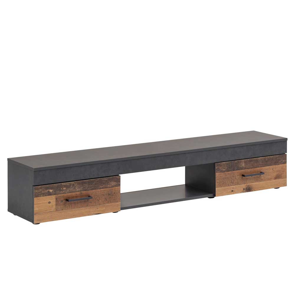 TV Board in Holz Antik Dekor & Grau mit zwei Schubladen & Fach Chiantro