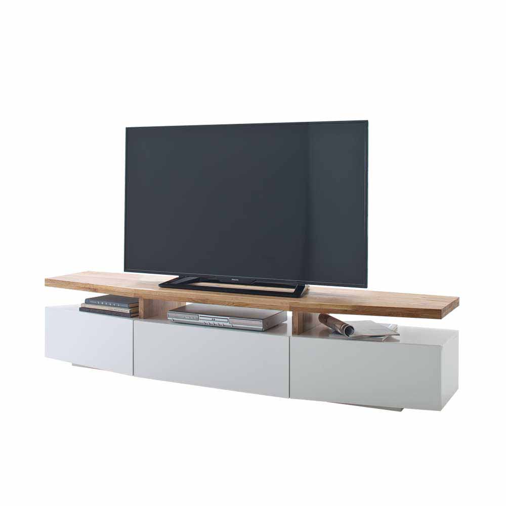 TV Board mit Oberplatte aus Asteiche massiv & 3 Schubladen in Weiß Cinco