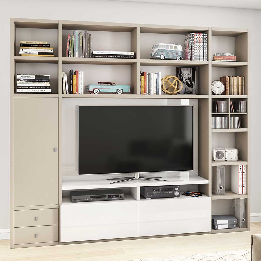TV Wohnzimmerwand in Beige und Weiß Glanz Rongon
