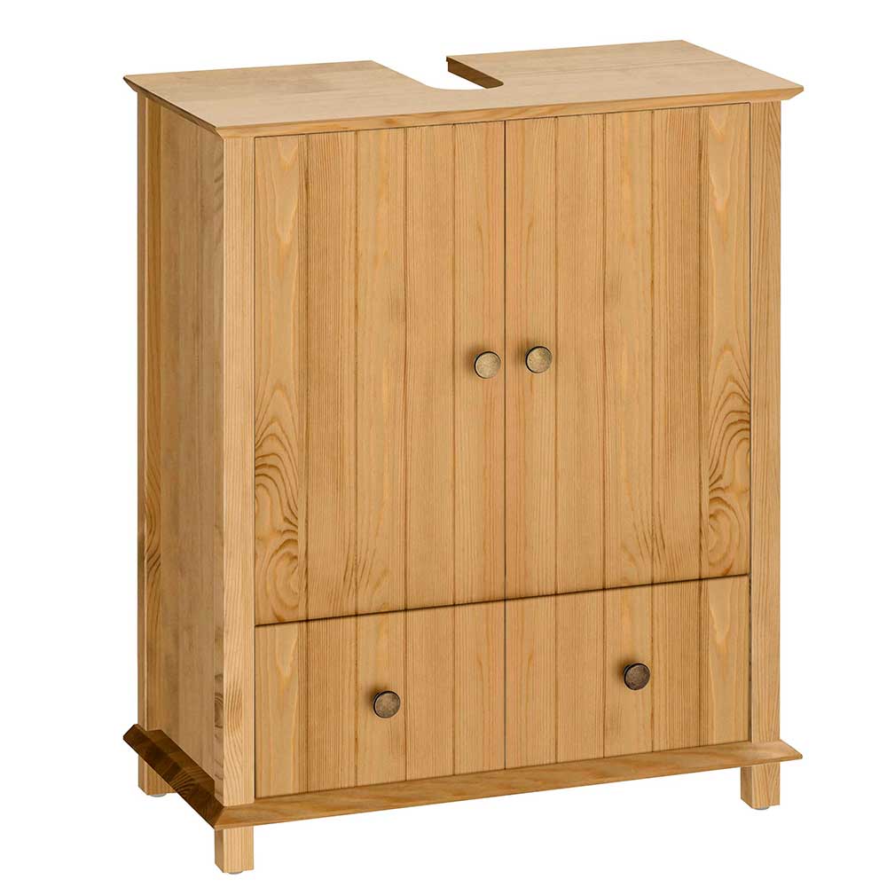 Unterschrank fürs Waschbecken aus Holz Kiefer geölt - Schublade & 2 Türen Akzinad