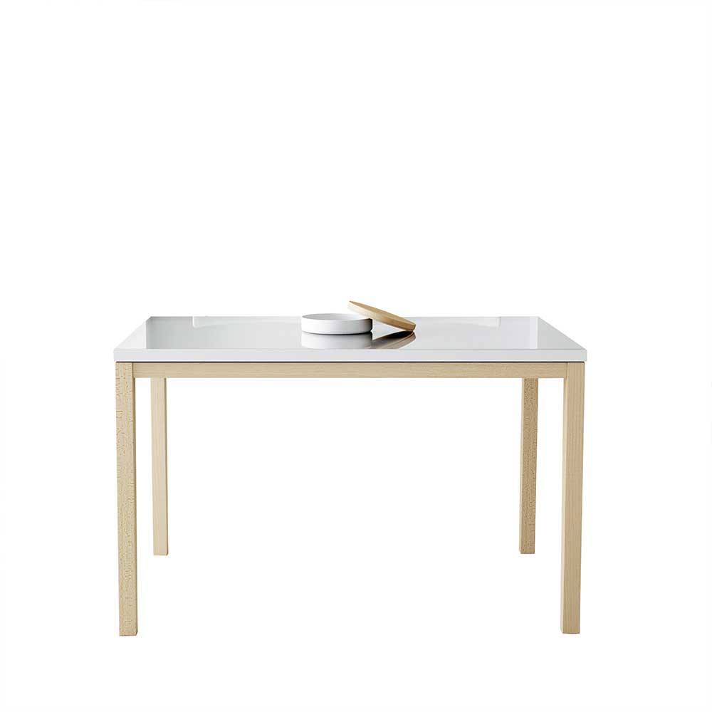 Verlängerbarer Tisch mit Glas in Weiß & Holzgestell gebleicht Lovanna
