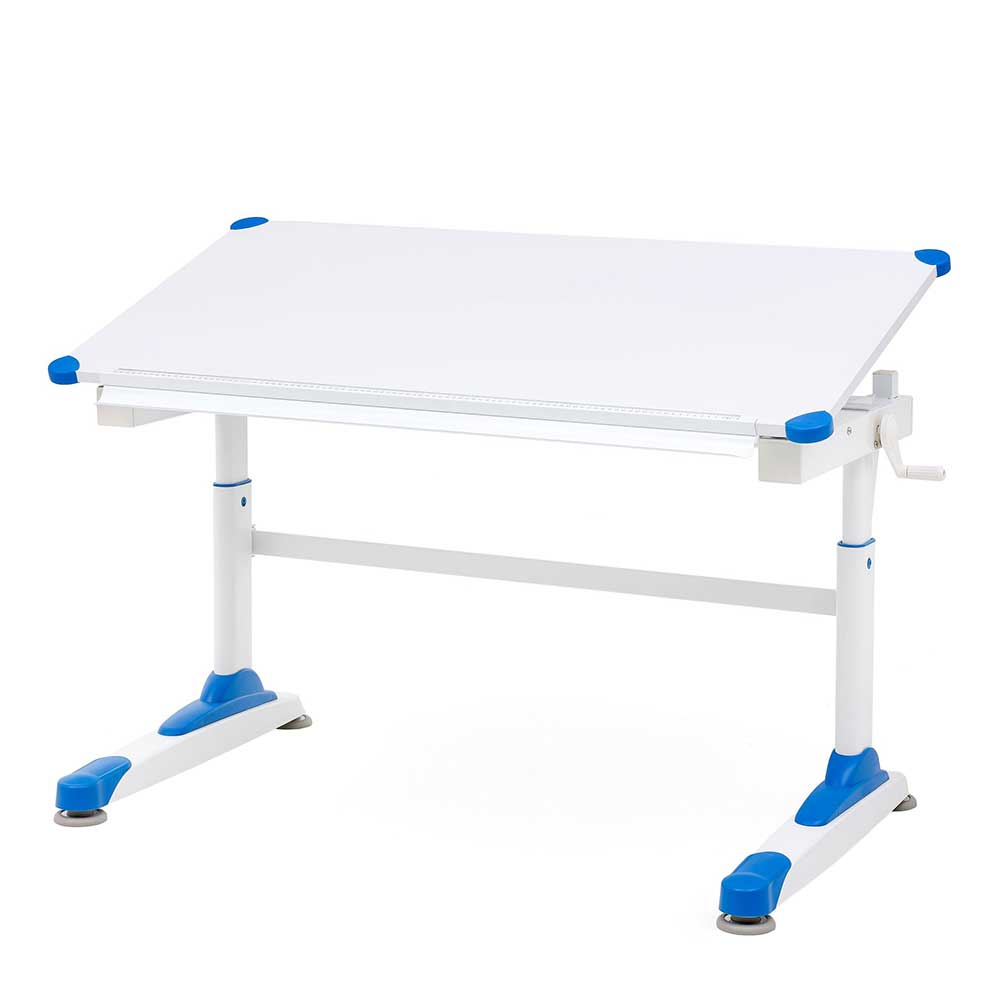 Verstellbarer Schreibtisch für Kinder in Weiß & Blau mit C-Fußgestell Valleys