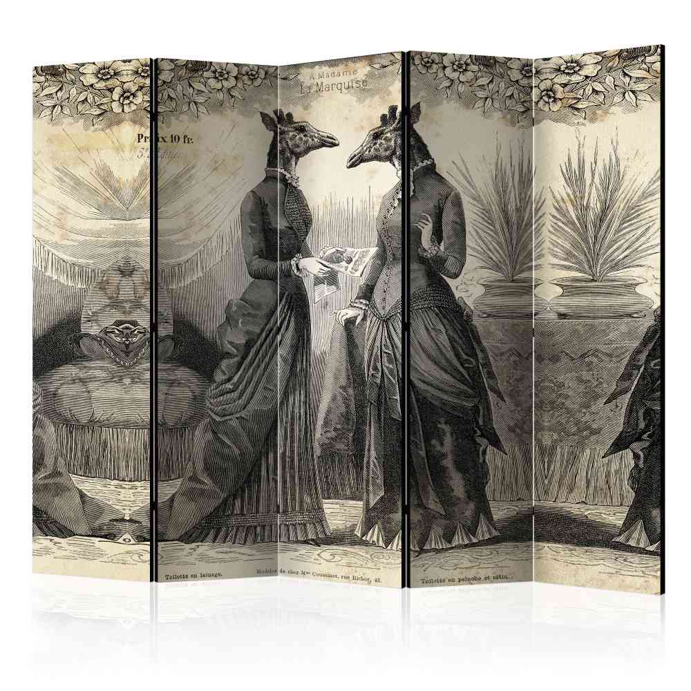 Vintage Design Paravent Giraffen Damen Druck auf Leinwand mit Holz Helinde