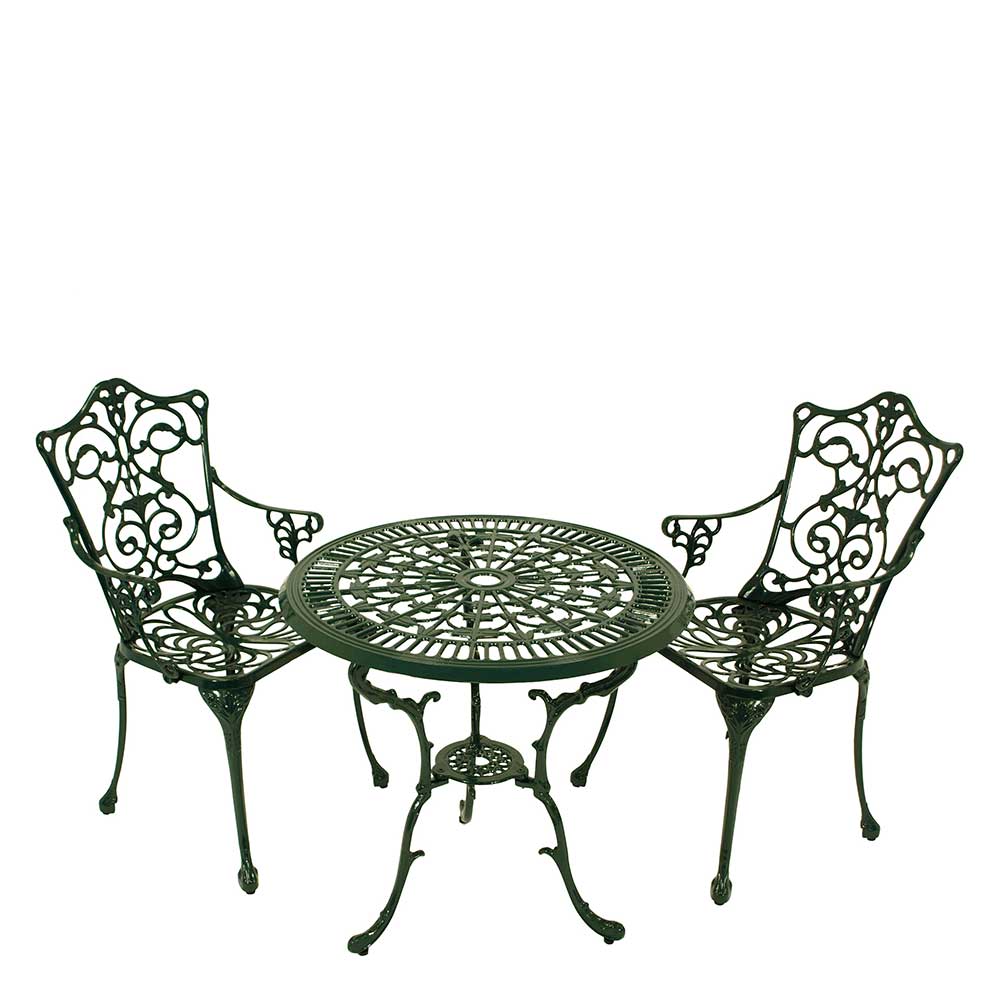 Vintage Gartentisch & zwei Armlehnenstühle in Dunkelgrün aus Alu Mora