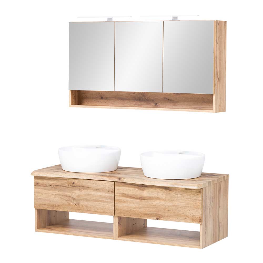 Waschkonsole mit 2 Becken & Spiegelschrank in Wildeiche Holzoptik Tofias