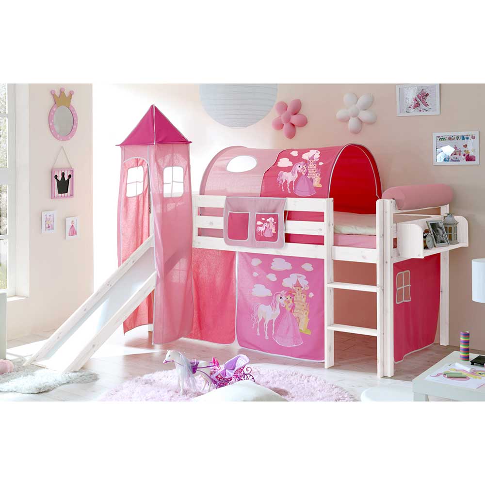Weiß lackiertes Hochbett mit Rutsche mit Stoff Pink - Turm & Tunnel & Vorhang Simon