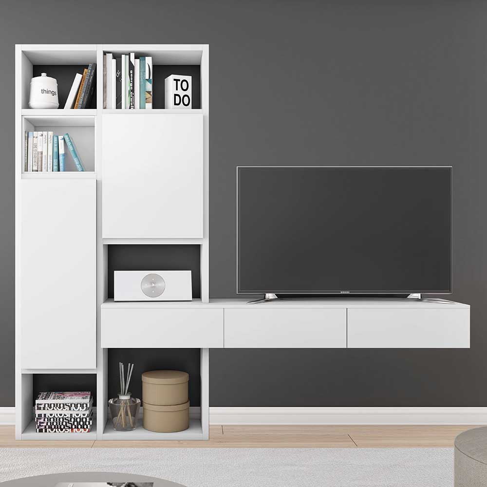 Weiße Design TV Wand mit 3 Schubladen & 2 Türen & 6 Fächern Glace