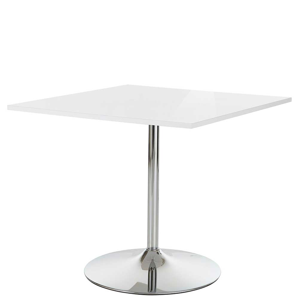Weißer Hochglanztisch mit Chrom Tellerfuß - 90x76x90 cm Tunes