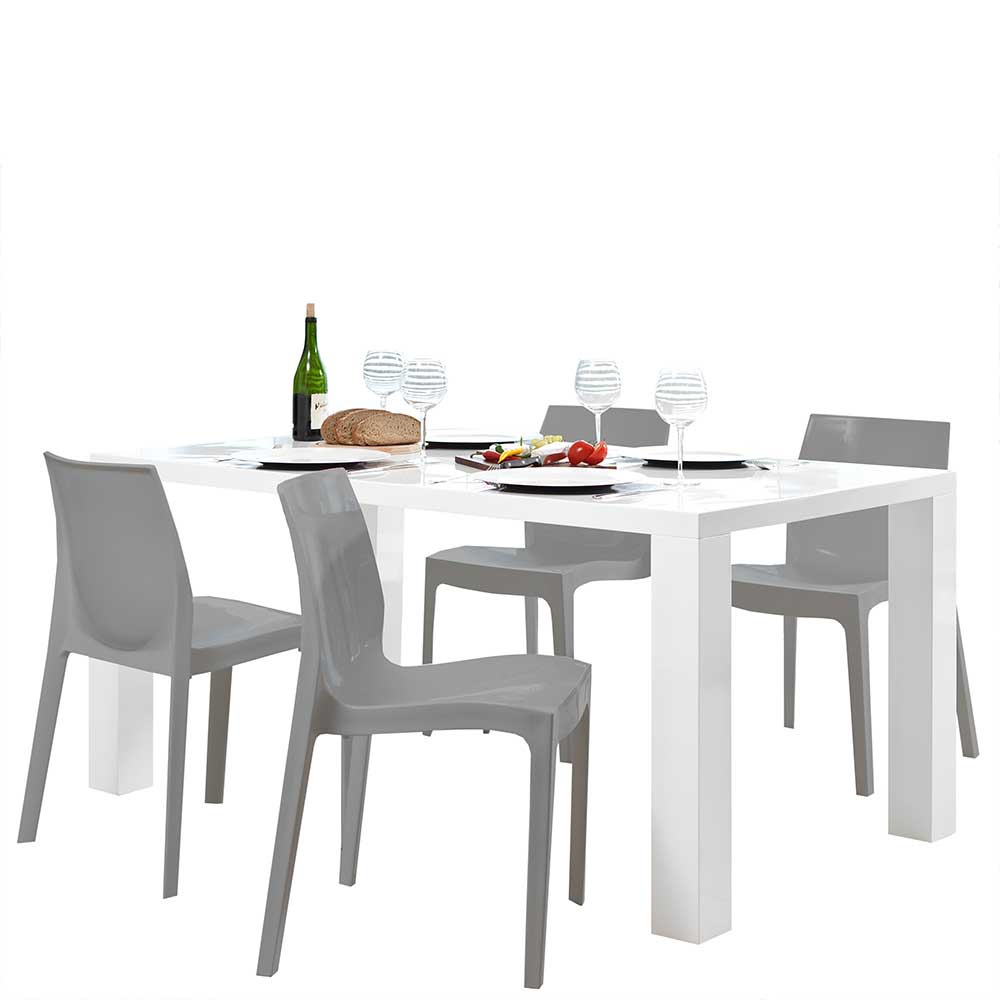 Weißer Hochglanztisch & vier Stühle aus Kunststoff in Grau Rochella