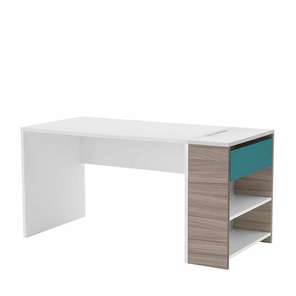 Weißer Schreibtisch Holzdekor und Petrol Seitenregal inklusive Enrys