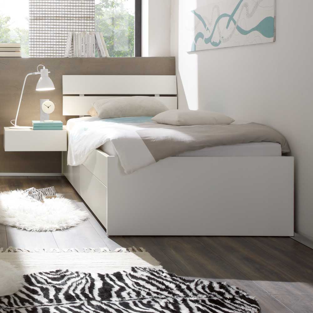 Weißes Einzelbett aus Buche Massivholz mit zwei Bettschubladen Haniata