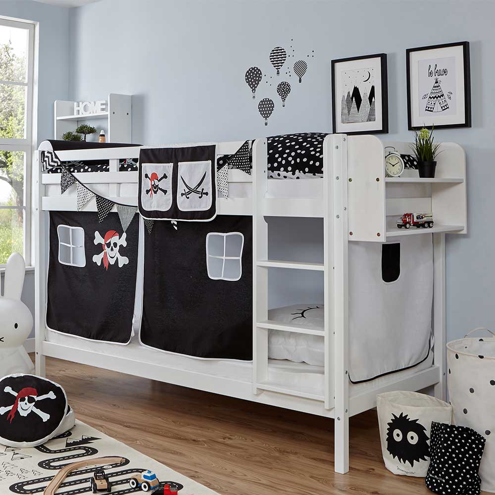 Weißes Etagenbett für Kinder Piraten Motto Textil Set in Schwarz Weiß Ovary