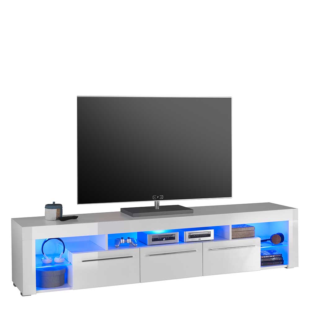 Weißes Hochglanz Board für TV mit LED Licht & 3 Schubladen Verella
