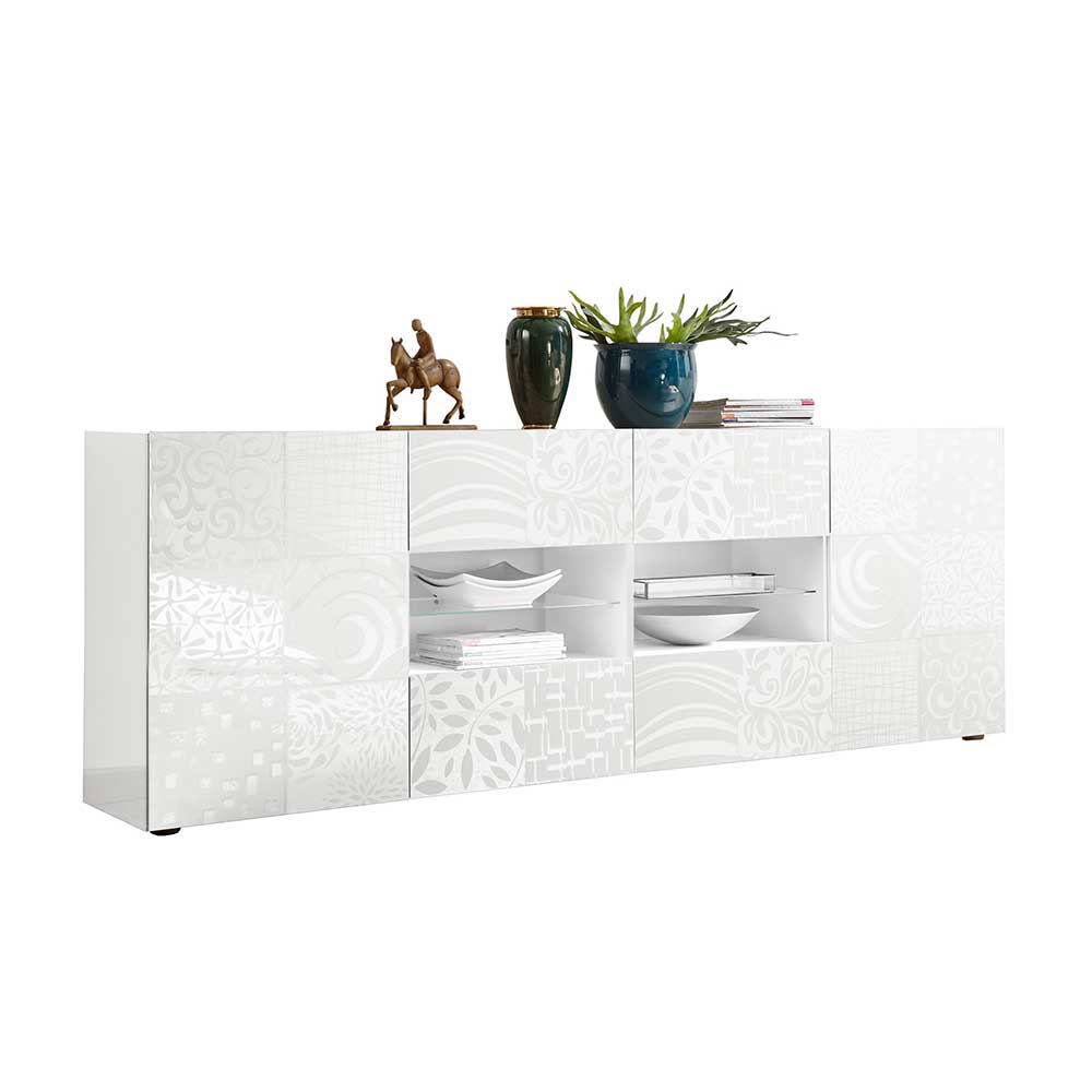 Weißes Hochglanz Sideboard 241 cm breit - Front mit Muster Print Vascaub