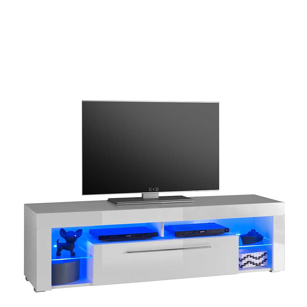 Weißes Hochglanz TV Board beleuchtet LED - mit Klappenfach Cessma