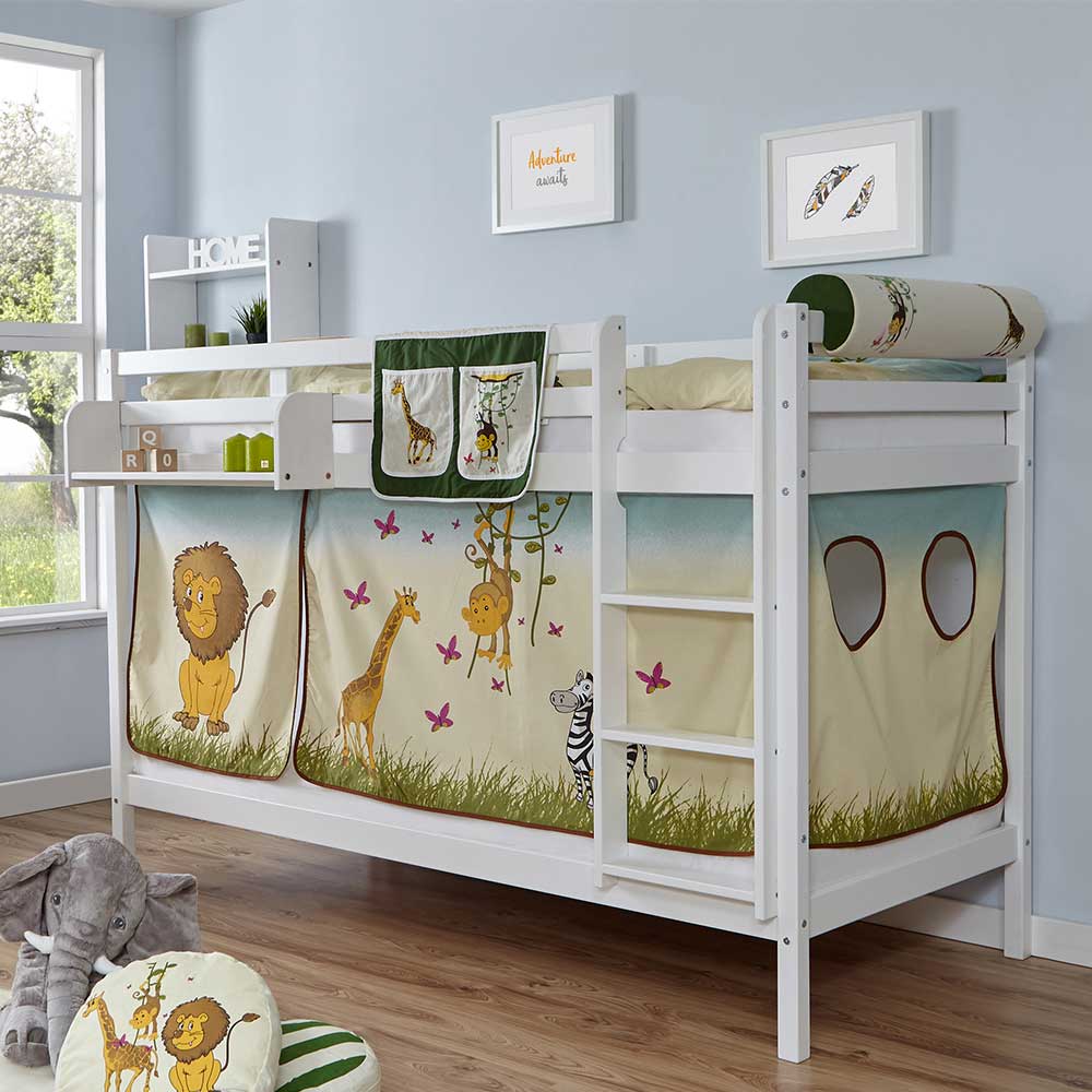 Weißes Kinder-Etagenbett mit Safari Tieren Textil-Ausstattung Prattl