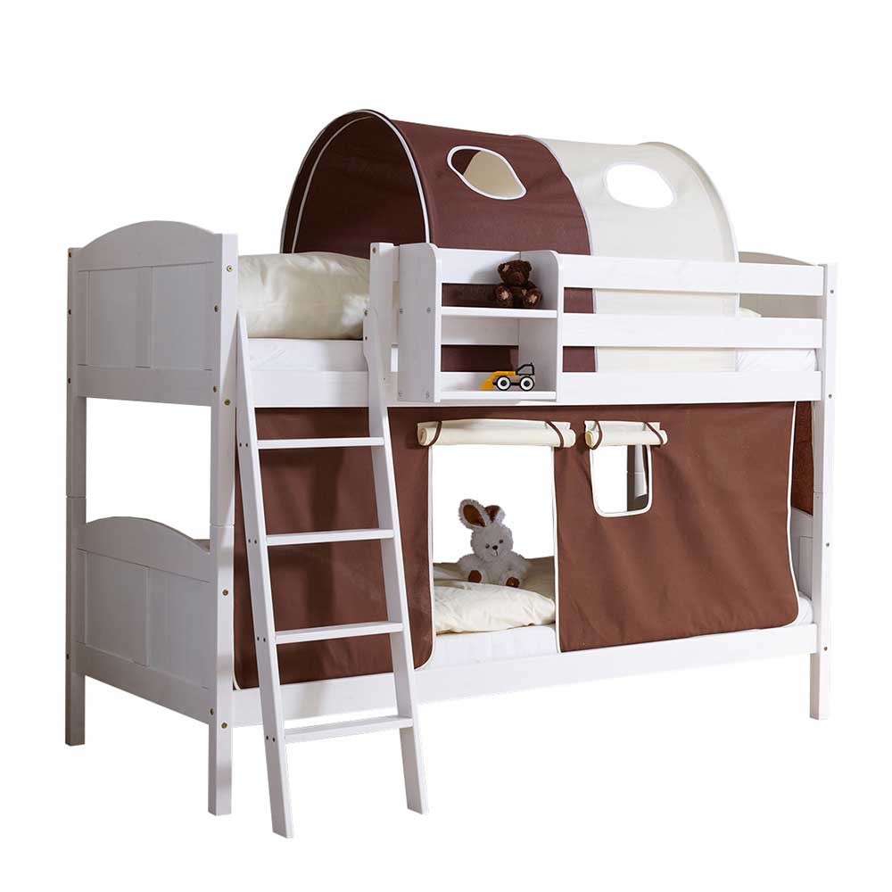 Weißes Kinderzimmer Etagenbett aus Kiefer mit Stoff Set in Braun Beige Coraoda