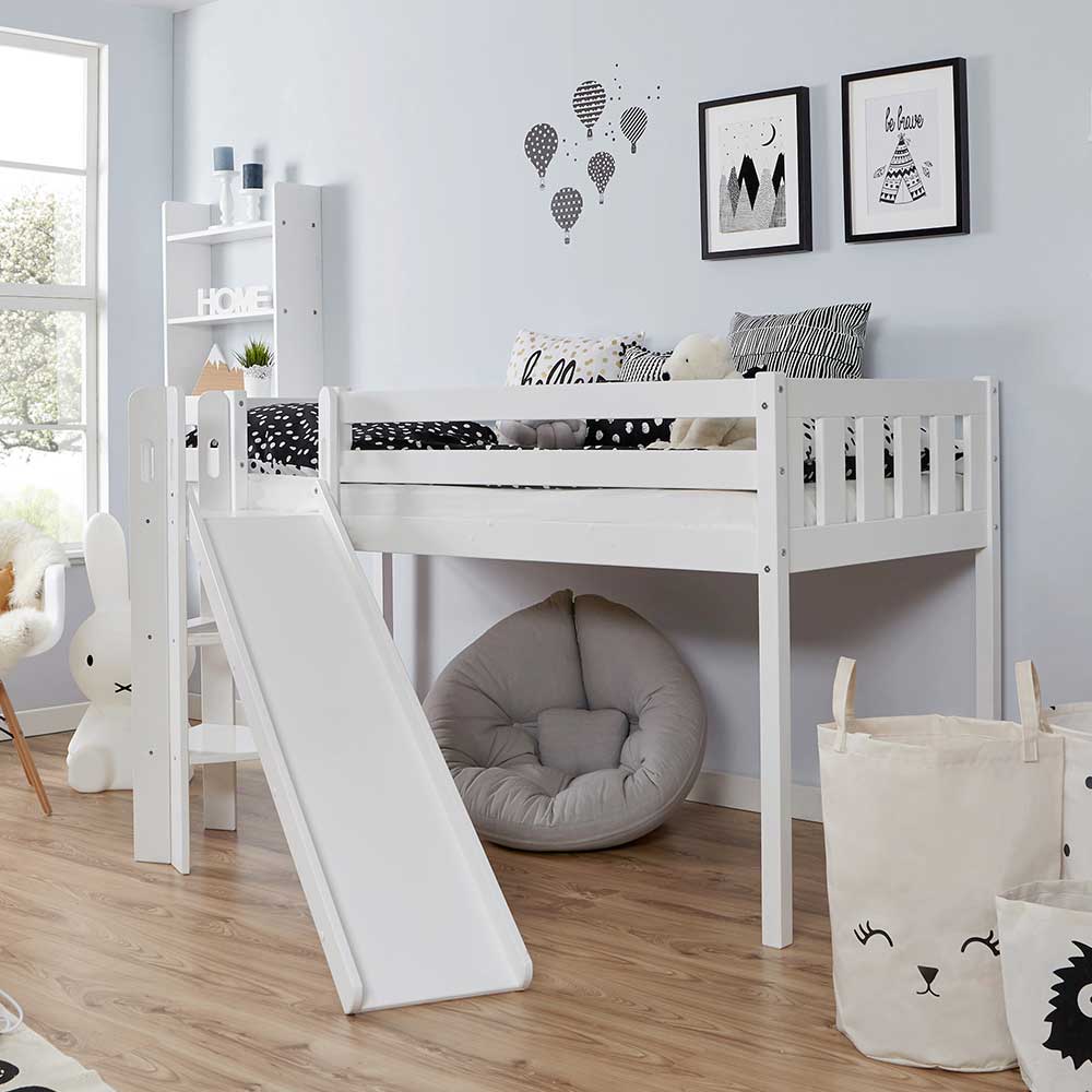 Weißes Kinderzimmer Hochbett mit schräger Rutsche aus Massivholz Buche Figuera