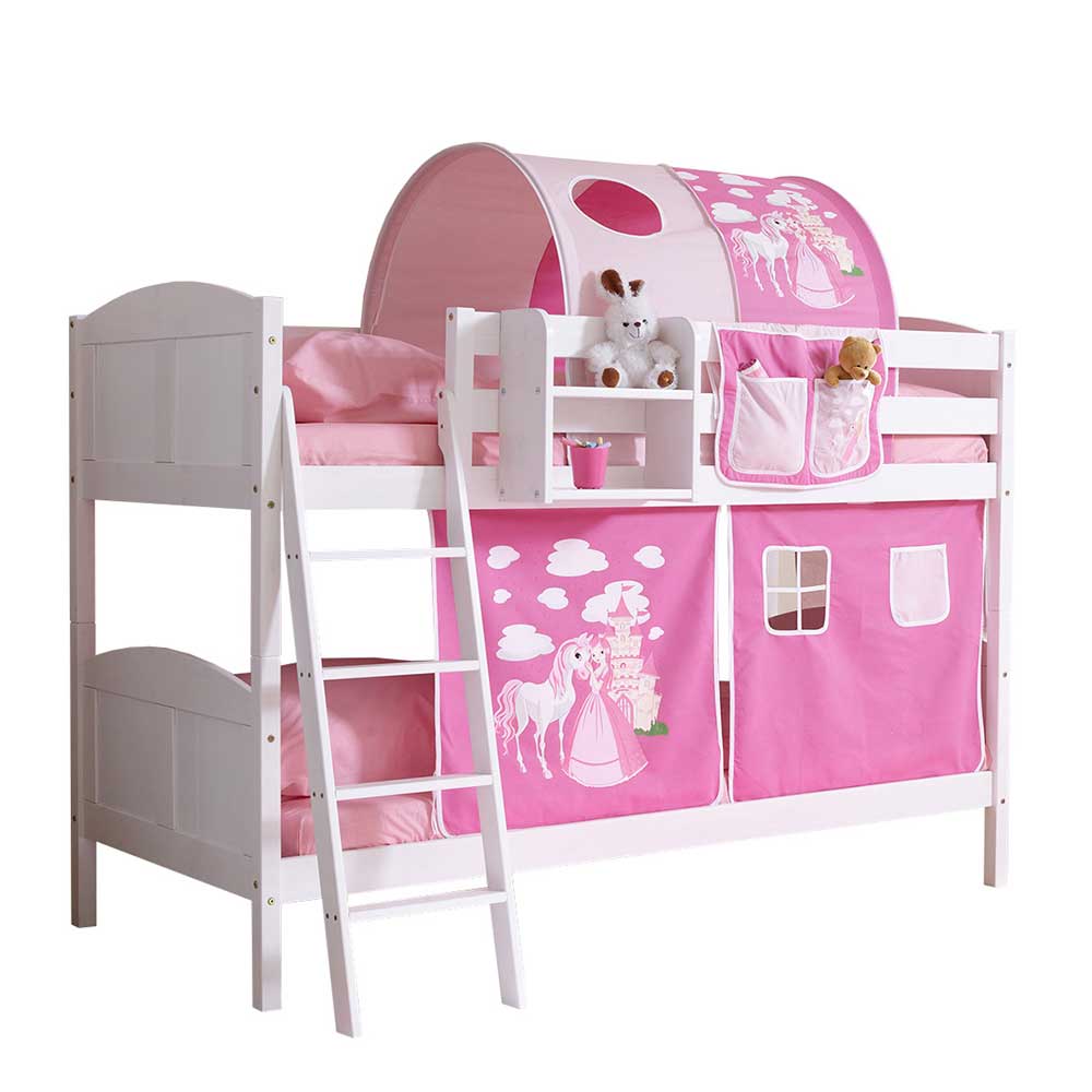 Weißes Vollholz Etagenbett für Kinderzimmer mit Stoff in Pink Pferd Tyrcio