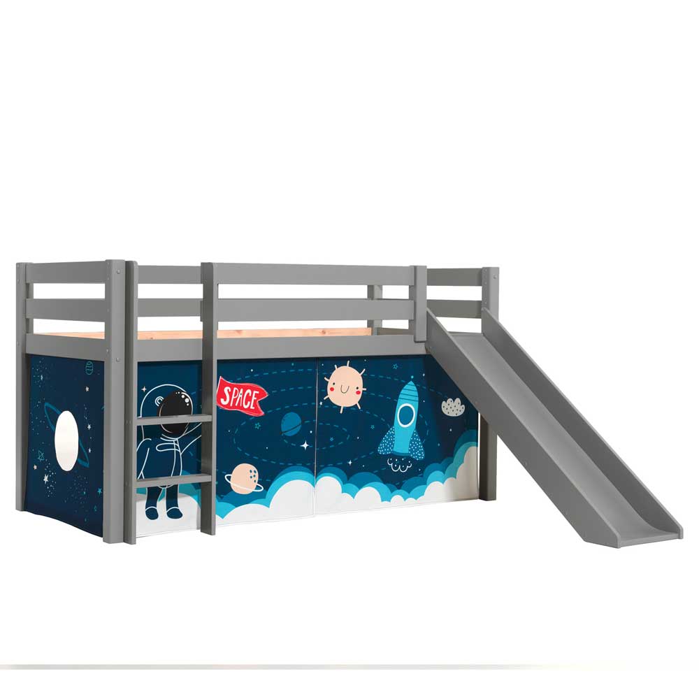 Weltraum Spielbett mit Rutsche aus Kiefer Massivholz in Grau Kullara