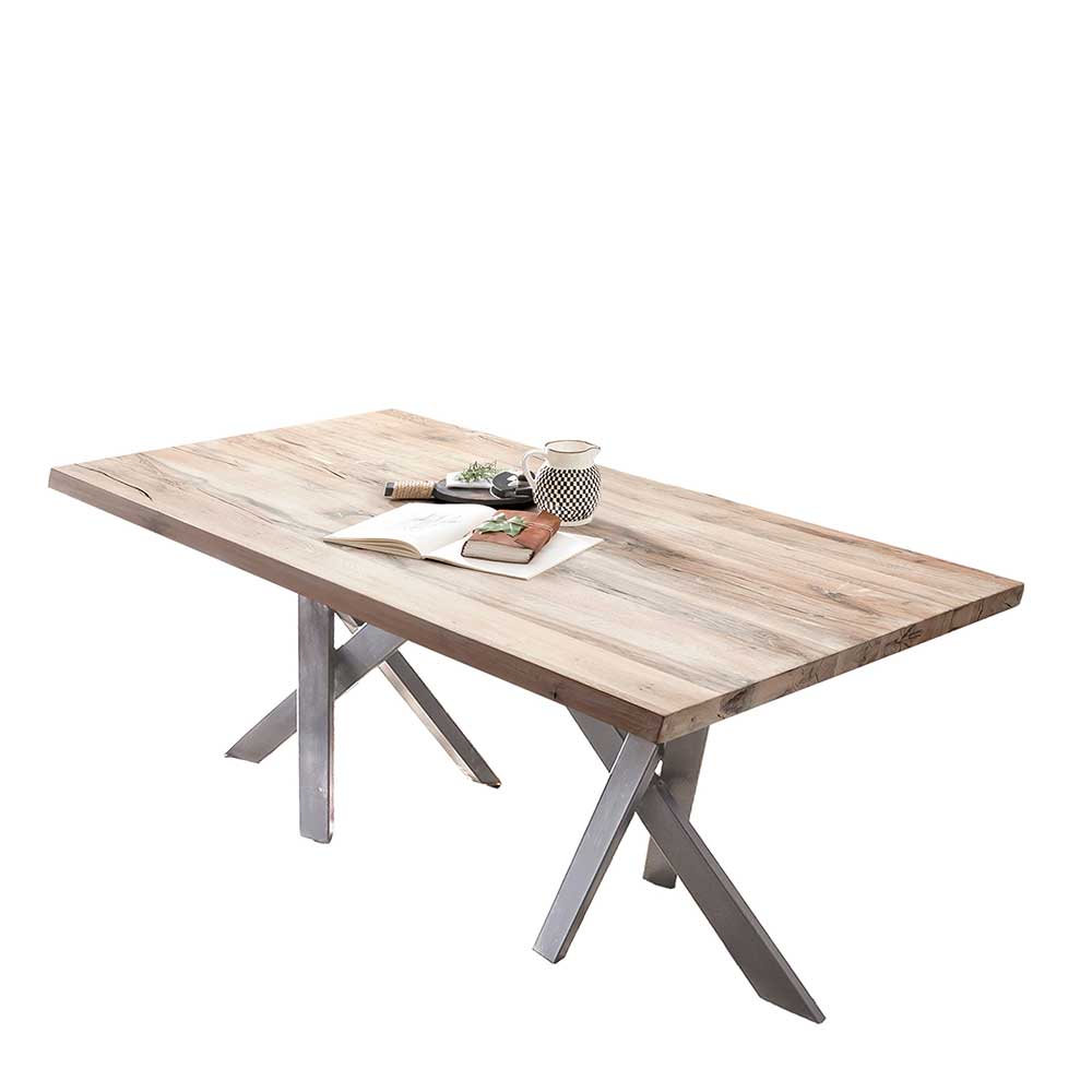 White Wash Tisch aus Eiche Massivholz mit Metallgestell in Altsilber Loerena