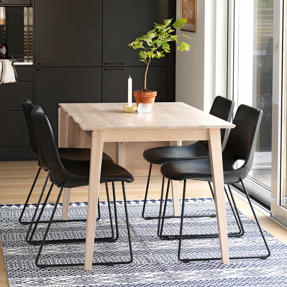 White Wash Tisch ausklappbar & 4 Stühle in Schwarz Kunstleder & Metall Pessoa