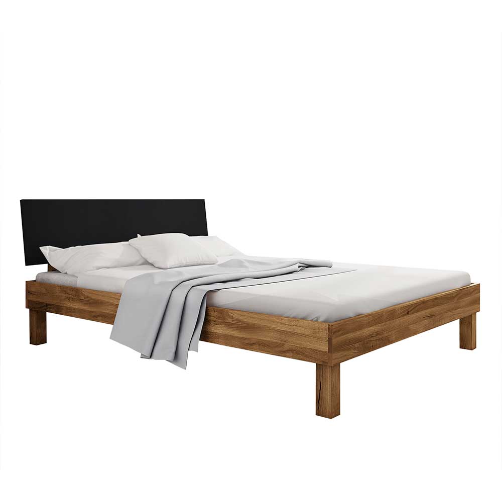 Wildeiche Bett mit 190cm Länge in vier Breiten - MDF Kopfteil Schwarz Olbysca