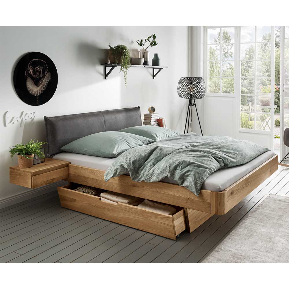 Wildeiche Bett mit Schubkasten Set mit Nachtkommoden zum Einhängen Zennian