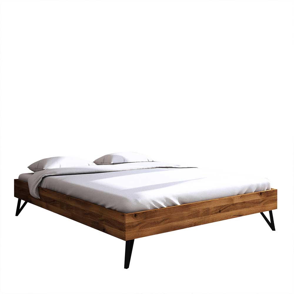 Wildeiche Bett ohne Kopfteil 210cm lang mit Stahlfüßen in Schwarz Mandirov