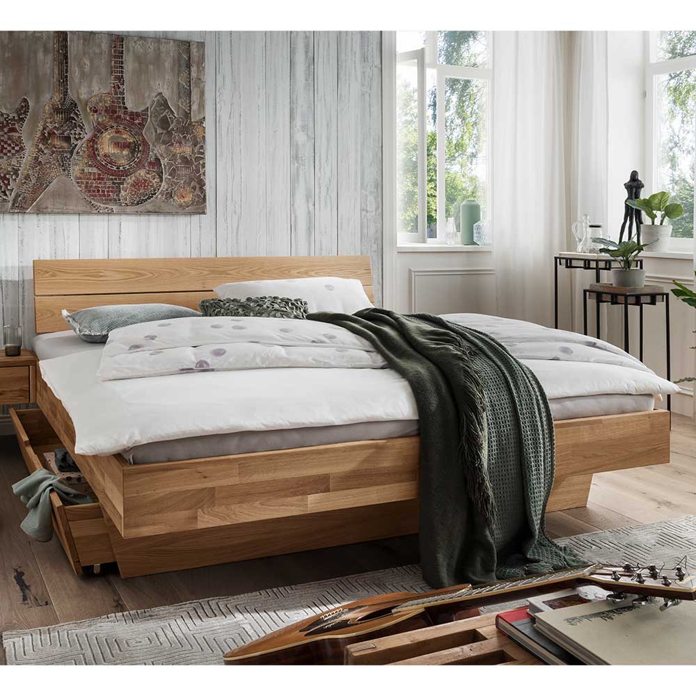 Wildeiche Holzbett mit Bettkasten in modernem Design Esvilda