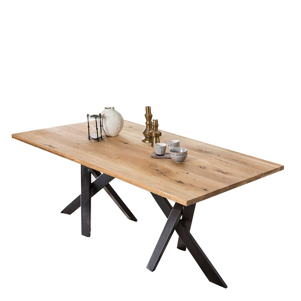 Wildeiche Holztisch 180x100 bis 240x100 cm mit schwarzem 6-Fußgestell aus Metall Ambo